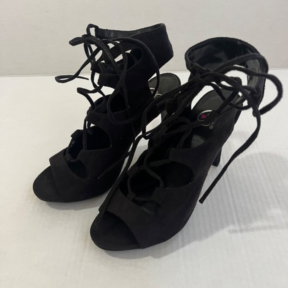 Y2K Women Lace Up Cage Heels 7 Black Faux Suede Stiletto Open Toe Whimsigoth.